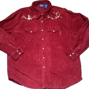 Pooh Disney Red Corduroy Western Shirt XL Embroidered Floral Y2K Cottagecore Vtg